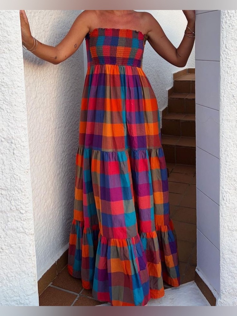 Sezane Millie Multicolor Check Tiered Maxi Dress | Size 36/4 - Picture 2 of 5